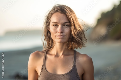 Photography in the style of pensive portraiture of a glad girl in her 30s wearing a stylish tank top against a serene beach background. With generative AI technology