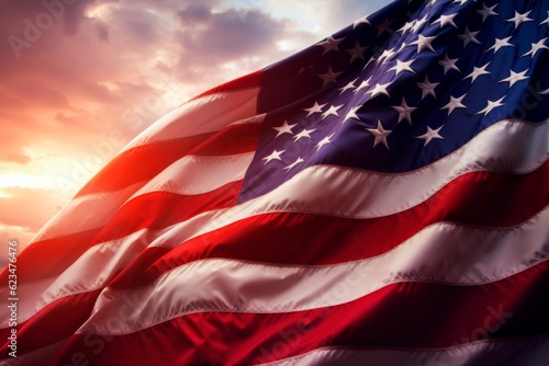 Waving american flag for memorial day on sunset background. 4th of July. Labor Day. Independence Day. 