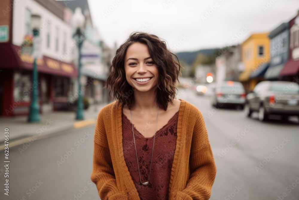 Medium shot portrait photography of a joyful girl in her 30s wearing a chic cardigan against a small town main street background. With generative AI technology Medium shot portrait photography of a joyful girl in her 30s wearing a chic cardigan against a small town main street background. With generative AI technology