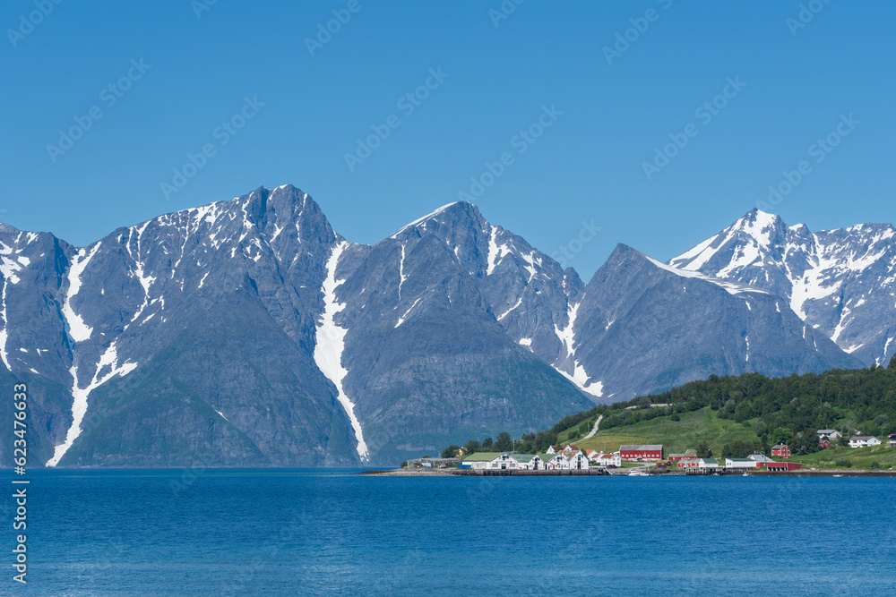 View from Rotsund with Lyngsalpene and Hamnnes in the backgroud. Norway landscapes.