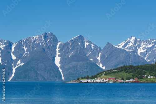 View from Rotsund with Lyngsalpene and Hamnnes in the backgroud. Norway landscapes.