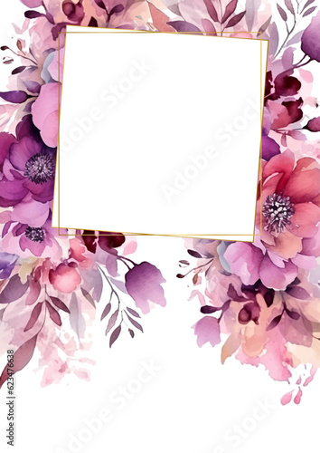 Watercolor vector wreath with green eucalyptus leaves, purple flowers and branches.