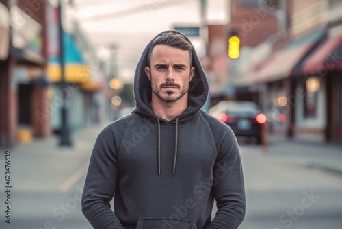 Urban fashion portrait photography of a glad boy in his 30s wearing a stylish hoodie against a small town main street background. With generative AI technology © Markus Schröder