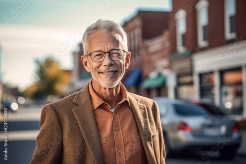 Sports portrait photography of a glad mature man wearing a classic blazer against a small town main street background. With generative AI technology photo