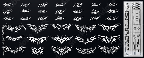 Set of elements in the neotribal style, combining various symbols and motifs. Succubus Y2K womb tattoo. Demon heart sigil and butterfly with in neo tribal style isolated on a black background.