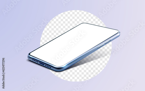 With its realistic perspective and detailed graphics, mockup is ideal for showcasing mobile app prototypes or presenting.  High quality realistic trendy no frame smartphone with blank white screen.