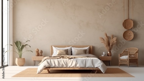 home interior mock up room design concept beautiful bedroom with natural light wooden mood and tone colour scheme soft and cosy interior home background,ai generate photo