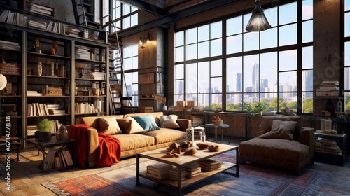Apartment beautiful showcase interior design Living area in loft modern ccolour scheme and style fullfull with real brick texture construction and full hieght window city view background,ai generate