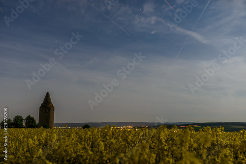 Full moon illuminated rapeseed fielt with old watchtower in the background. taken around midnight photo