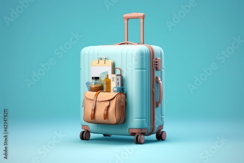 Stacked luggage on turquoise blue