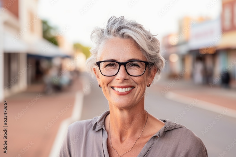 Medium shot portrait photography of a satisfied mature girl wearing a sporty polo shirt against a small town main street background. With generative AI technology Medium shot portrait photography of a satisfied mature girl wearing a sporty polo shirt against a small town main street background. With generative AI technology