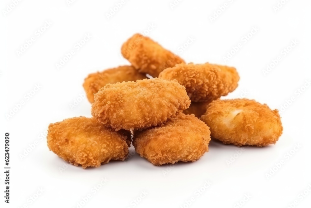 Heap of golden chicken nuggets isolated on white background. Generative ai. Heap of golden chicken nuggets isolated on white background. Generative ai.