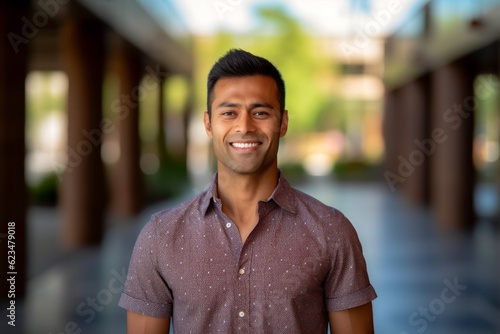 Medium shot portrait photography of a glad boy in his 30s wearing a classy button-up shirt against a school campus background. With generative AI technology © Markus Schröder