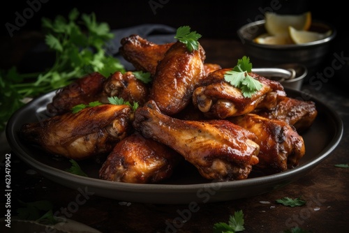 Close-up of american barbecue wings on a plate. Generative ai.