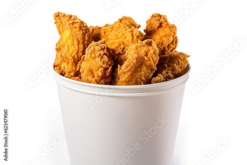 Portion of crispy golden chicken wings to go in a white bucket. Generative ai.