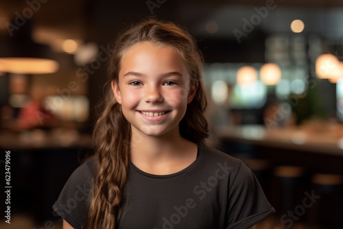 Headshot portrait photography of a satisfied kid female wearing a casual short-sleeve shirt against a cozy coffee shop background. With generative AI technology