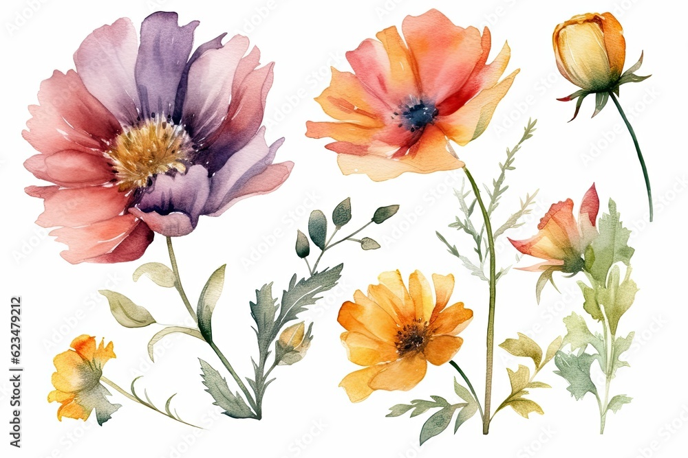 Botanical background of flowers, watercolor drawings on a white background. Generative ai.