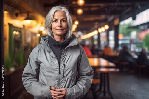 Urban fashion portrait photography of a glad mature woman wearing a lightweight windbreaker against a cozy coffee shop background. With generative AI technology