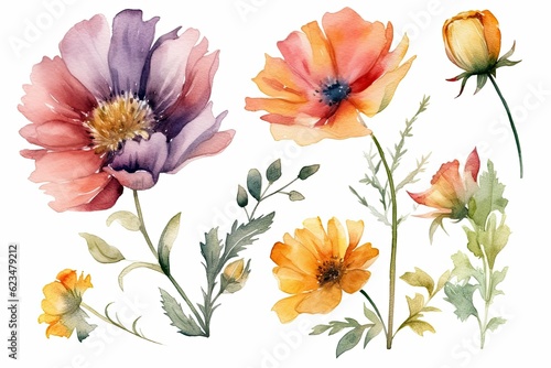 Botanical background of flowers, watercolor drawings on a white background. Generative ai. © Iryna