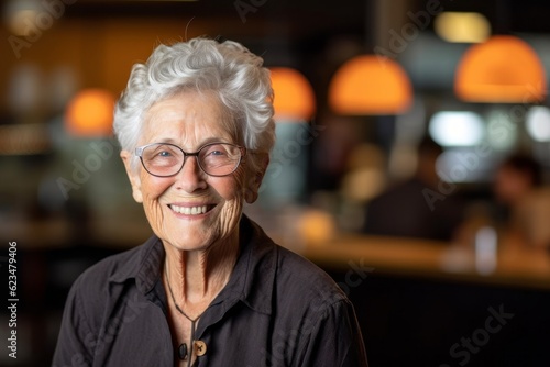 Headshot portrait photography of a happy old woman wearing a casual short-sleeve shirt against a cozy coffee shop background. With generative AI technology © Markus Schröder