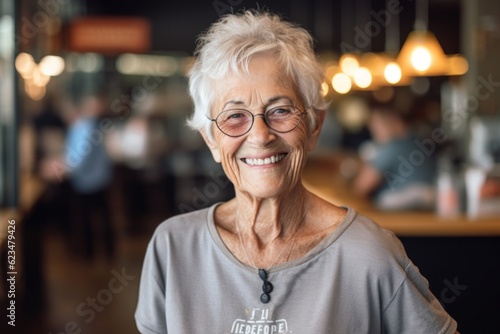 Headshot portrait photography of a happy old woman wearing a casual short-sleeve shirt against a cozy coffee shop background. With generative AI technology © Markus Schröder