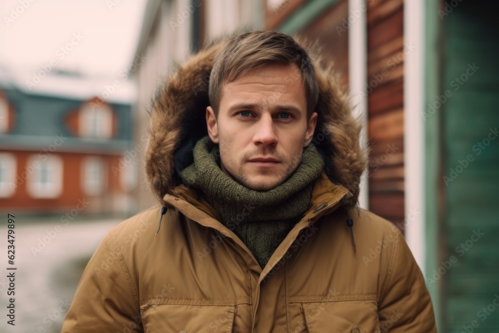 Photography in the style of pensive portraiture of a glad boy in his 30s wearing a warm parka against a quaint european village background. With generative AI technology Photography in the style of pensive portraiture of a glad boy in his 30s wearing a warm parka against a quaint european village background. With generative AI technology