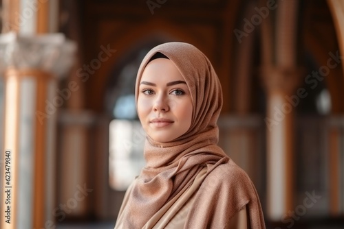 Photography in the style of pensive portraiture of a satisfied mature woman wearing hijab against a historic library background. With generative AI technology