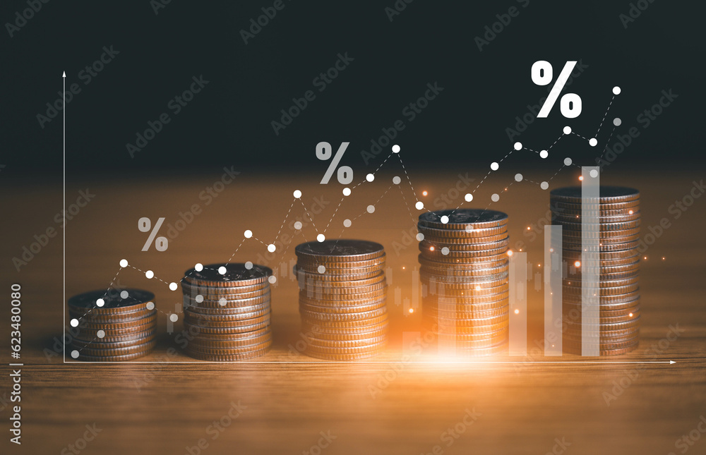 Interest rate and dividend concept, Businessman is calculating income and return on investment in percentage. income, return, retirement, compensation fund, investment, dividend tax, stock market - obrazy, fototapety, plakaty 