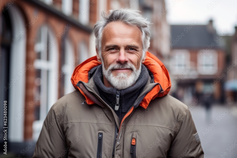 Close-up portrait photography of a glad mature man wearing a warm parka against a quaint european village background. With generative AI technology Close-up portrait photography of a glad mature man wearing a warm parka against a quaint european village background. With generative AI technology