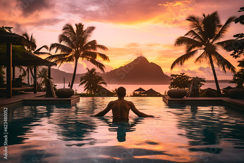 Young man during sunset in the pool. Luxury swimming pool in tropical resort  relaxing holiday