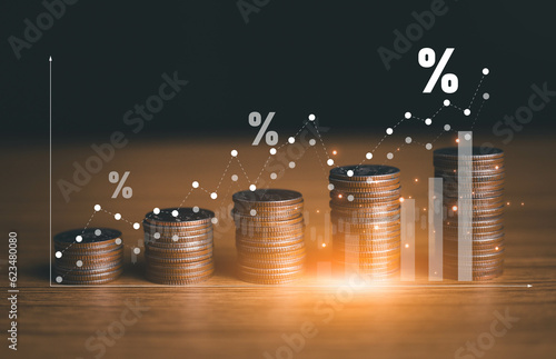 Interest rate and dividend concept, Businessman is calculating income and return on investment in percentage. income, return, retirement, compensation fund, investment, dividend tax, stock market photo