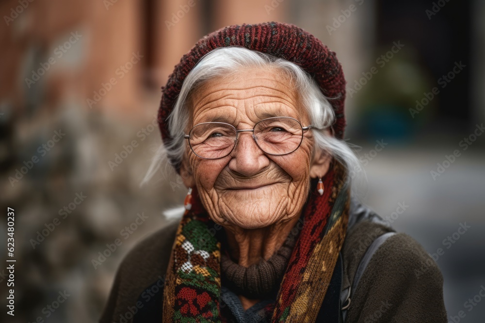 Close-up portrait photography of a happy old woman wearing underclothing against a quaint european village background. With generative AI technology