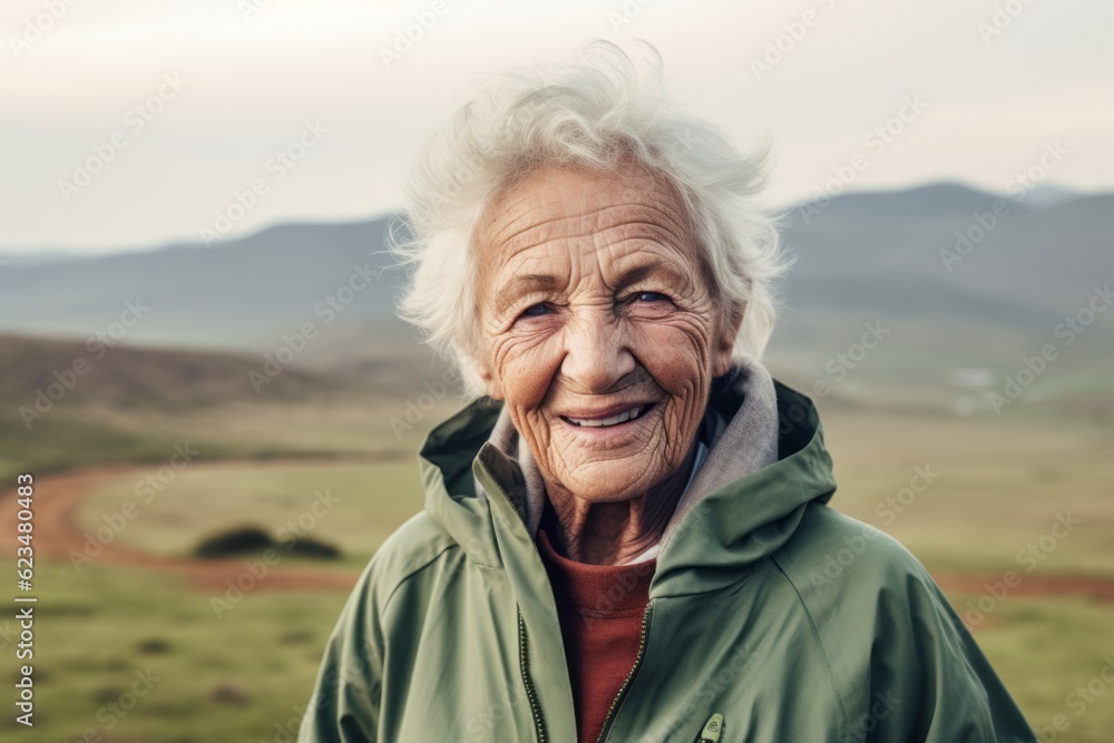 Close-up portrait photography of a glad old woman wearing a comfortable tracksuit against a rolling hills background. With generative AI technology