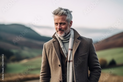 Lifestyle portrait photography of a tender mature man wearing a cozy winter coat against a rolling hills background. With generative AI technology