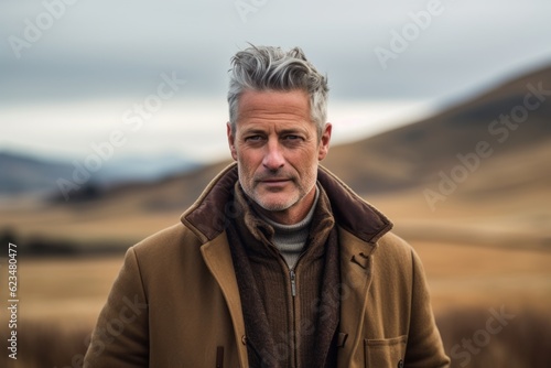 Lifestyle portrait photography of a tender mature man wearing a cozy winter coat against a rolling hills background. With generative AI technology © Markus Schröder