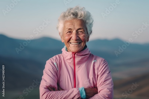 Close-up portrait photography of a glad old woman wearing a comfortable tracksuit against a rolling hills background. With generative AI technology