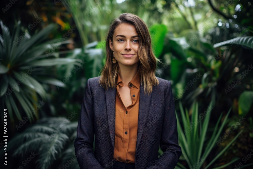 Studio portrait photography of a glad girl in her 30s wearing a classic blazer against a botanical garden background. With generative AI technology Studio portrait photography of a glad girl in her 30s wearing a classic blazer against a botanical garden background. With generative AI technology