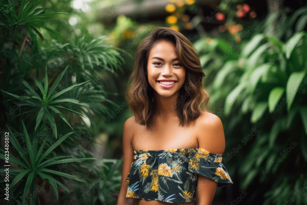 Lifestyle portrait photography of a satisfied mature girl wearing a cute crop top against a botanical garden background. With generative AI technology Lifestyle portrait photography of a satisfied mature girl wearing a cute crop top against a botanical garden background. With generative AI technology