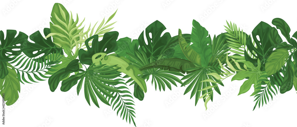 Tropical seamless border pattern with palm leaves. Vector - obrazy, fototapety, plakaty 