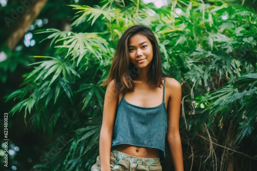 Lifestyle portrait photography of a satisfied mature girl wearing a cute crop top against a botanical garden background. With generative AI technology