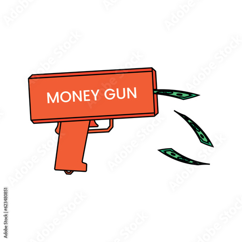 Toy gun shoots dollar bills. Vector illustration isolated on white background