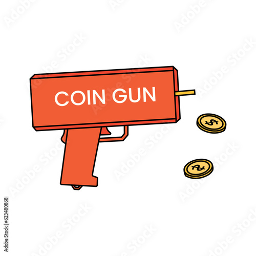Toy gun shoots gold dollars. Vector illustration isolated on white background