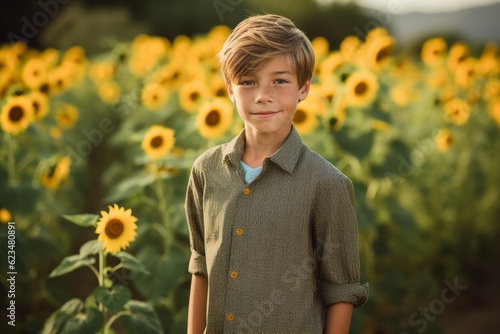 Studio portrait photography of a glad kid male wearing a chic jumpsuit against a sunflower field background. With generative AI technology