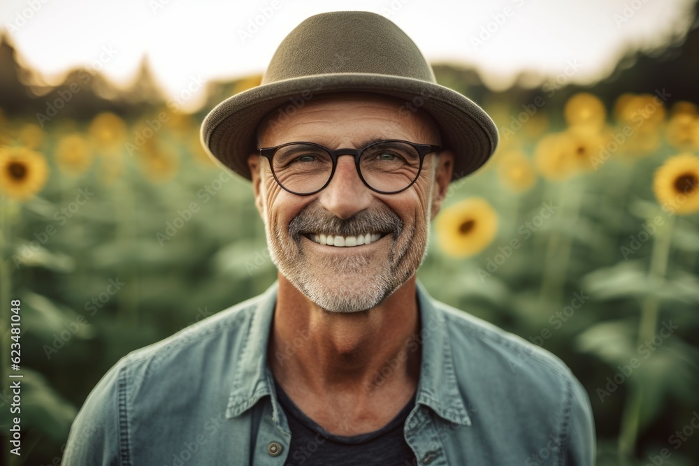 Studio portrait photography of a happy mature man wearing a cool cap or hat against a sunflower field background. With generative AI technology