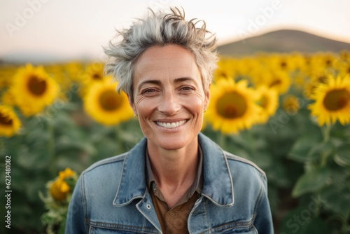 Close-up portrait photography of a tender mature woman wearing a denim jacket against a sunflower field background. With generative AI technology
