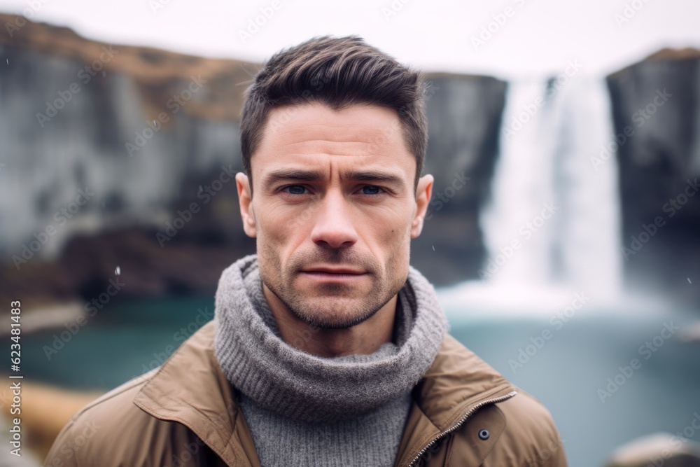 Headshot portrait photography of a satisfied boy in his 30s wearing a classic turtleneck sweater against a majestic waterfall background. With generative AI technology