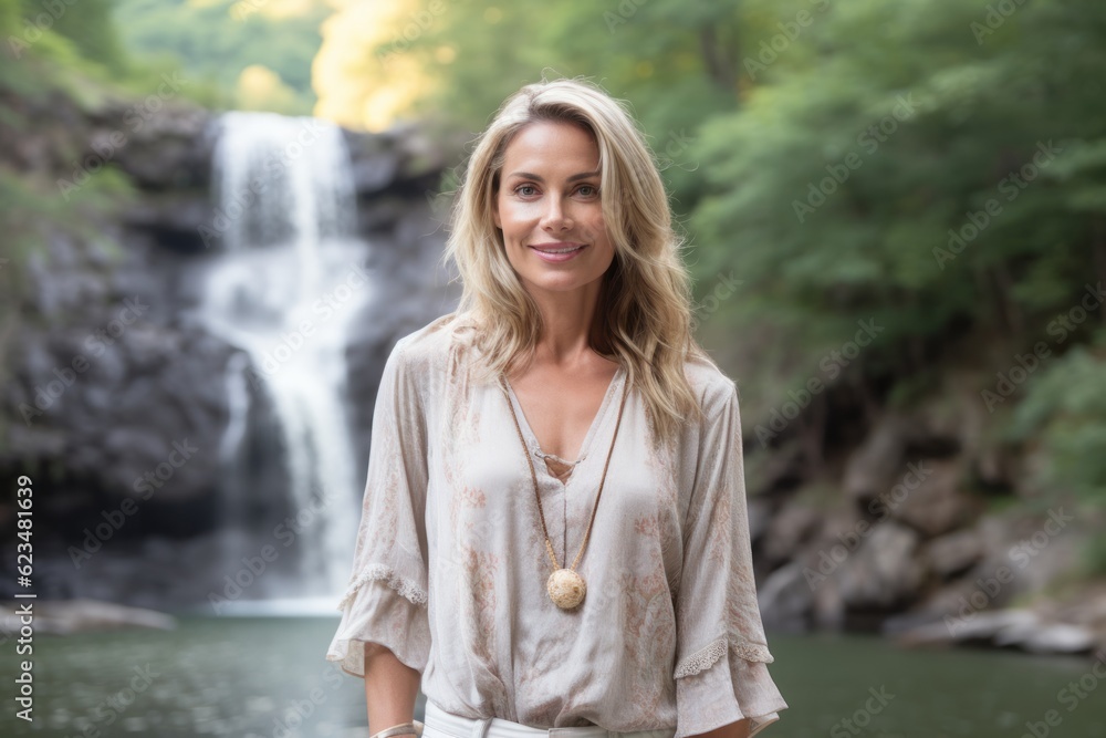 Lifestyle portrait photography of a satisfied mature girl wearing a sophisticated blouse against a majestic waterfall background. With generative AI technology Lifestyle portrait photography of a satisfied mature girl wearing a sophisticated blouse against a majestic waterfall background. With generative AI technology