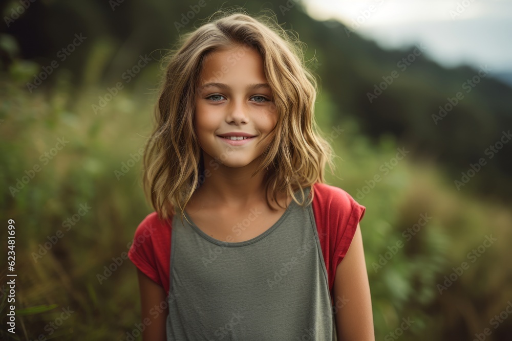 Headshot portrait photography of a happy kid female wearing a cute crop top against a national park background. With generative AI technology Headshot portrait photography of a happy kid female wearing a cute crop top against a national park background. With generative AI technology