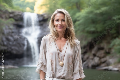 Lifestyle portrait photography of a satisfied mature girl wearing a sophisticated blouse against a majestic waterfall background. With generative AI technology