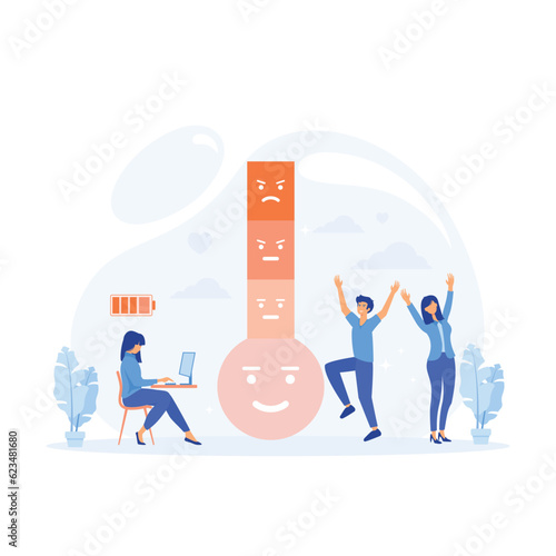 Thermometer as stress level scale emotions, mood, Fully charged active mentally healthy employee,  flat vector modern illustration 